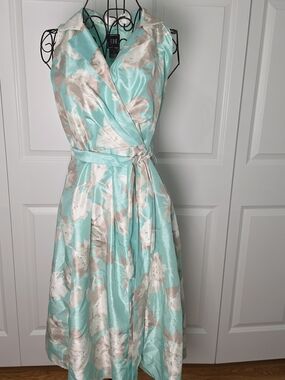 Lily & Halston Aqua Floral Wrap Midi Dress